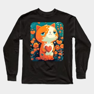 Orange Cat Heart In The Garden Waiting Love Long Sleeve T-Shirt